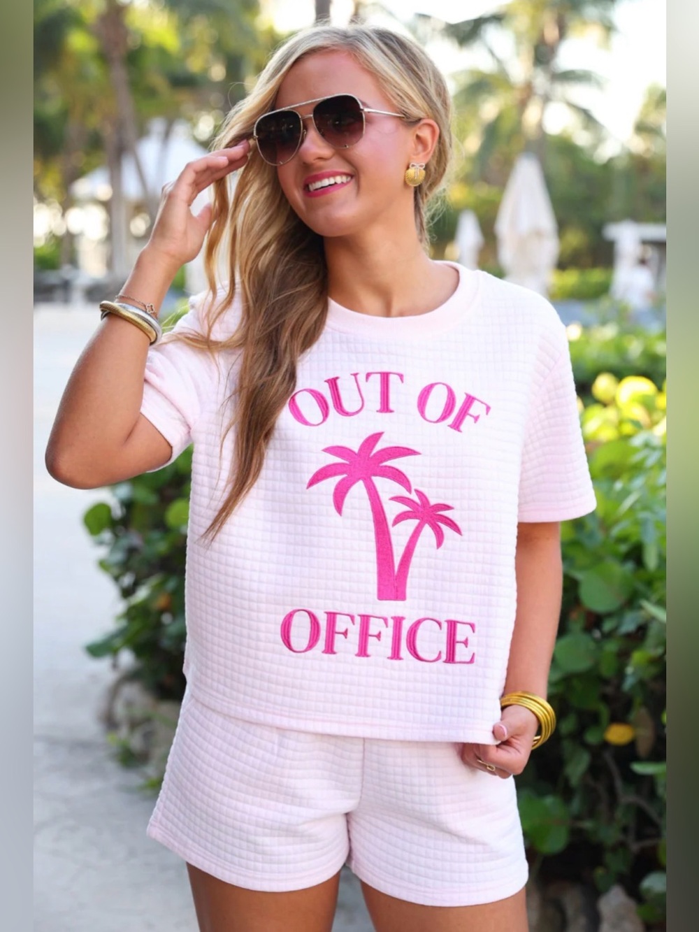 Jess Lea Lounge Set “Out of Office” Pink Graphic Short Sleeve Shorts Size S NWT